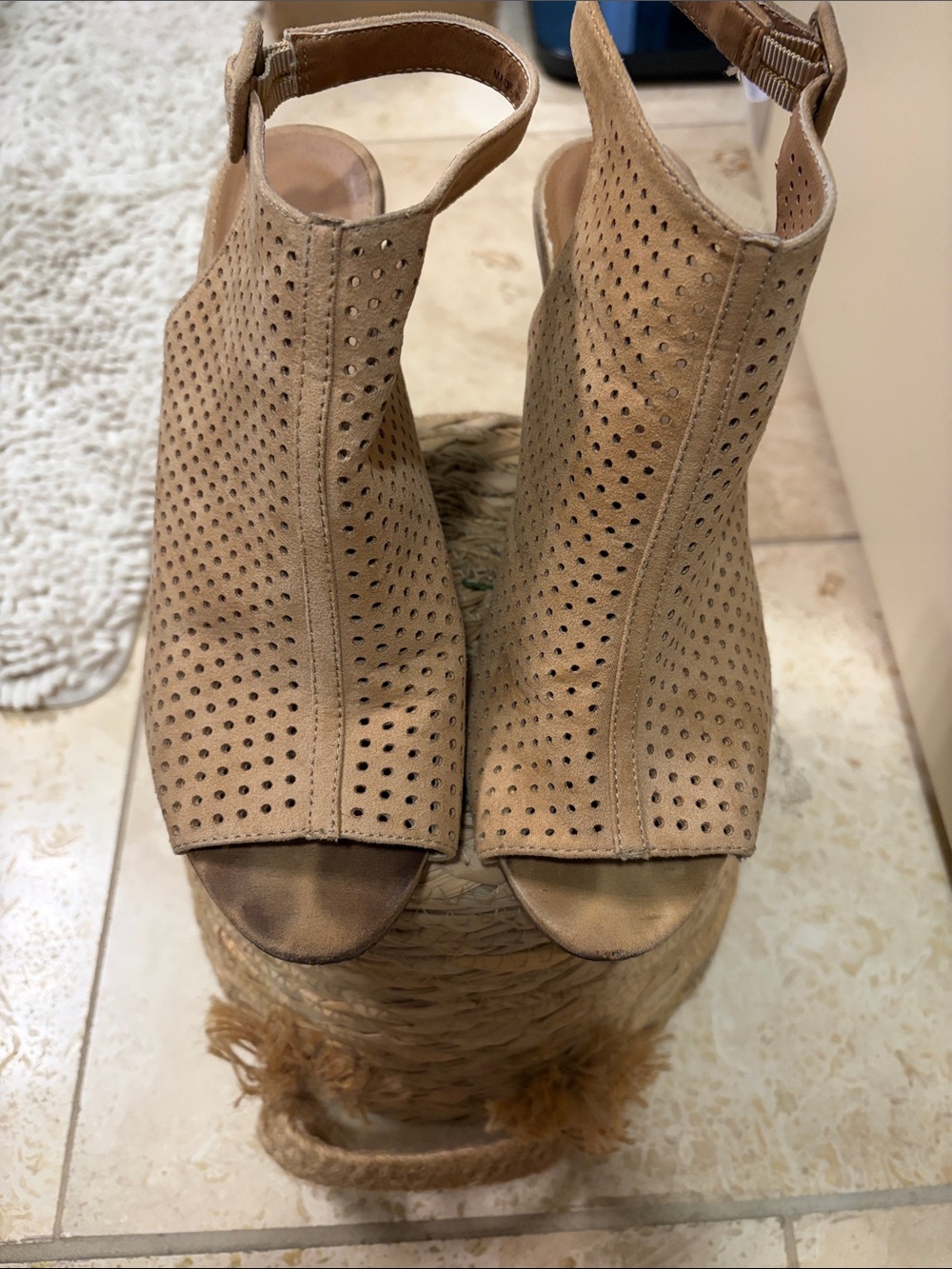 Madden Girl Perforated Tan Open-Toe Wedge Booties